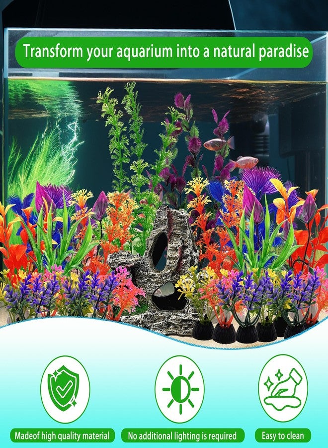 SLOCME 25 PCS Aquarium Plants & Rock Cave Decorations Set - Colorful Fish Tank Plastic Plants Ornaments with Resin Rock Hideout, Realistic Aquarium Decor Accessories for Freshwater & Saltwater Tanks - Image 5